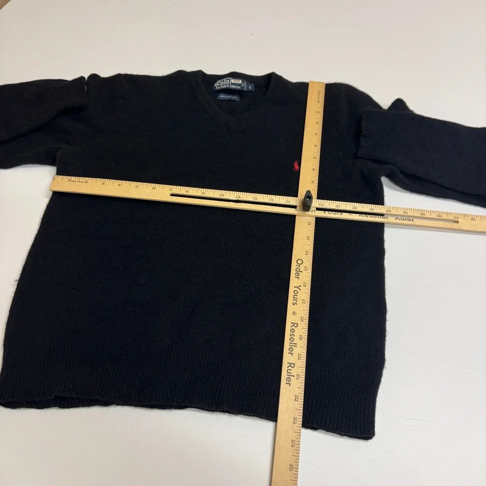 Polo Ralph Lauren Sweater Womens Large Black Lambs Wool V Neck Red Pony Logo - Picture 4 of 6